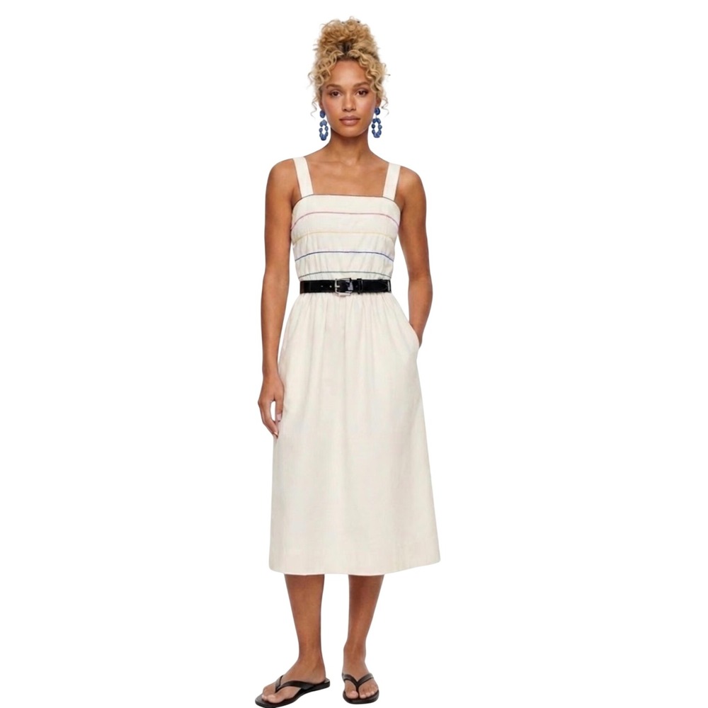 Vintage Jonathan Logan Ivory Rainbow Piping Midi Dress Pockets Size 10 USA Made